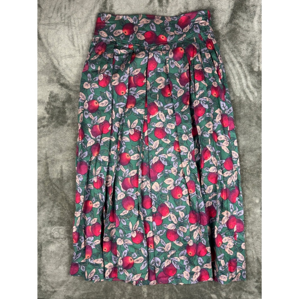 Vintage Style Apple Print Pleated Midi Skirt Green Red High Waist Pockets 26W - Picture 4 of 8
